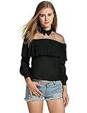 eshionレディースパッチワークプリーツフリル付きシアー長袖シフォンブラウストップス US サイズ: L カラー: ブラック