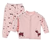 Plus Nao(プラスナオ) 子供用 パジャマ ルームウエア 上下セット 七分袖×長ズボン イラストプリント 裾リブ 動物 狐 ふくろう 可愛い 前開 ピンク 80