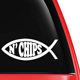 Fish N Chips Funny Christian Fish Parody Decal Vinyl Car Laptop Sticker - EvolveFISH - White 5 x 2 [
