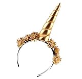 Love Sweety Girls Unicorn Horn Headband Rose Floral Crown Costume Headwear (Golden) [並行輸入品]
