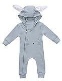 Happyハッピー耳　ベビー　女の子　男の子　長袖　猫耳　フード付き　ロンパース　かわいい　カバーオール　シンプル　 (70, ブルー)