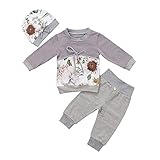 幼児 ベビー ボーイズ ガールズ 長袖 スウェットセット、 スウェットTシャツ+スウェットパンツ+花柄付きの帽子 3本の衣装 (90cm(12ヶ月~18ヶ月), グレー)