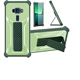 対応 ZenFone 3 (ZE552KL)ZE520KL 用 ケース [1枚 9H+硬度強化 ガラスフィルム] 硬質PC＋軟質シリコン 耐衝撃性 [手持ち固定＋磁気吸着サポート] ZJBB Green
