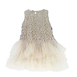 xuguozhu ガールズ　子供服　ワンピース　袖なし　ジャカード織　レース　切り替え　チュール　ティアードスカート　ふんわりした　ランドネック　お出かけ　結婚式　優雅　シャンパンカラー　110cm