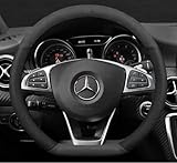 メルセデスベンツ ハンドルカバー ステアリングカバー eクラス aクラス sクラス vクラス cクラス Eクラス glc CLS GLA GLK SL GL CLA W219 W209 W230 w203 W211 W204 本革 内装品 高級 牛革 専車ロゴ スエード＋本革 メッシュデザイン 38CM(Mサイズ） [並行輸入品] (ベンツD型, ブラック)