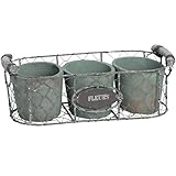 (ヒル・インテリアズ) Hill Interiors ヴィンテージ風 ブリキプラントポット3点セット ワイヤーバスケットつき プランター フラワーポット (ワンサイズ) (グリーン/シルバー)