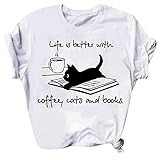 [Lalagen] レディース半袖トップスTシャツゆったりクルーネックTシャツ猫プリント着痩せカジュアル可愛い韓国風トップス春夏秋 (ホワイト,XL)