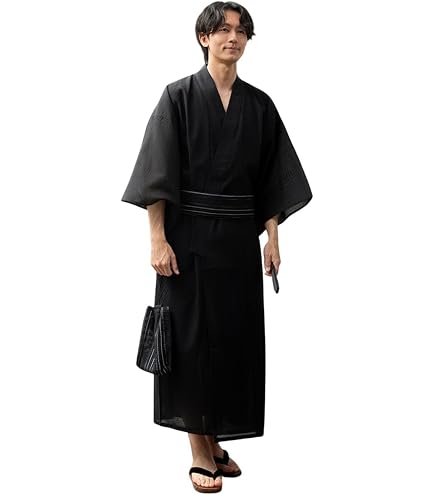 Amazon.co.jp: 浴衣 綿麻 粋な夏着物 菊柄 黒 半幅帯 カラシ 2点