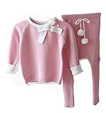 Candykids かわいい カーディガン リボン ガーリー セーター きもちいい生地 きれいめ ちょっと羽織る ニット 春 夏 秋 冬 お出かけ　 セーター　パンツセット (105CM, ピンク)