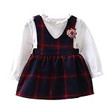 歌を愛する　女の子　偽の2つの部分の格子柄　ふわふわ　パフスリーブ　長袖　ドレス　かわいい　人形の襟　格子縞　ワンピース　赤　青　（12ヶ月～3歳） (24ヶ月, 赤)