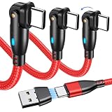 PD60W USB Type C ケーブル Ｌ字型 180°回転可【1m/2m/2m・3本セット】USB-A/USB-C to USB-C/Type-C 3A急速充電 & 高速データ転送 & タイプc 充電ケーブル AndroidなどType C機種対応【TUNKIA】（1m/2m/2m・赤）, PD60W・レッド
