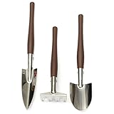 amzmonnsuta 3個セット シャベル/スコップ/レーキ ステンレス鋼製　庭・園 栽培・移植・根起し 木製ハンドル 手工具セット