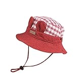 WeddingPachベビーひよけ帽子 バケットハット ユニセックス 耳当て飾り かわいい チェック柄 ひも付き 脱げない 1-3歳赤ちゃん用ハット 春 夏 秋