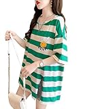 [Luo PuLe] tシャツ レディース 半袖 トップス ゆったり クルーネック カットソー ストライプ 半袖 ティーシャツ きれいめ ビックtシャツ プルオーバー ロングtシャツ オーバーサイズ 半袖 tシャツ レディース 夏服 黒ｔシャツ 大きいサイズグリーンL