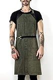 (Moss Green) - Under NY Sky No-Tie Apron - Moss Green Twill - Black Leather - Towel Loop
