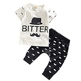 【SEBLES】ベビー 赤ちゃん 男の子 女の子 ユニセックス 半袖 ラウンドネック プリント Tシャツ 髭 ヒゲ クール ズボン ボトムス セット コットン 綿(ホワイト,90cm)