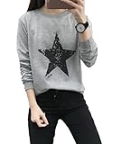 【Smile LaLa】 レディース トップス トレーナー スウェット 長袖 星 スター カットソー シンプル カジュアル ゆったり 丸首 (グレー, M)