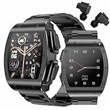 JUSUTEK 2025 業界新登場 【スマートウォッチ+TWSイヤホンマージ】ビジネススタイル全金属腕時計，1.91インチ画面，歩数計，両耳イヤホン,Bluetooth5.3，HiFi音楽，長時間待機，活動量計，音楽制御、ノイズリダクション，DIY文字盤，smart watch,アラーム，Line通知,iphone&アンドロイド対応，お贈り物 日本語説明書 (黒鋼)