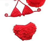 水着　1-10歳女の子用3点セット　上着と下着とスイムキャップ　レース　蝶結び　6色5サイズあり (S, レッド)