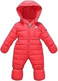 ZOEREA(ゾエレア)　幼児 ダウンロンパース 長袖 ４点セット服 帽子脱着可＋手袋＋足袋＋ロンパース 0-2歳 前開き ジッパー 撥水性 防風防寒 パーカーダウン レッド スキー お出かけ ギフト