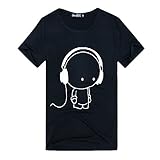 Plus Nao(プラスナオ) Ｔシャツ カットソー プルオーバー 半袖 ラウンドネック クルーネック おもしろイラスト シュールプリント カジュア M Gヘッドフォンブラック