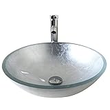 Homelava 洗面ボウル 洗面ボール 手洗い器 手洗い鉢 洗面器 バスルーム 洗面台 洗面用 強化ガラス製 円形 排水金具付 現代 (シルバー)