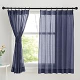NICETOWN レースカーテン 麻風 タイプ-3 プライバシーカット ナチュラル系 目隠し UVカット リネン風 おしゃれ 無地 日焼け防止 お飾り 和室 小窓 軽い質感 ベッドルーム用 幅100cm 丈110cm ブルー