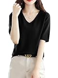 Wnodruke レディース ニット Ｖネック 五分袖 サマーニット セーター カットソー ストレッチ 柔らか 薄手 シンプル おしゃれ 可愛い カジュアル 春 夏 WN058 (L, ブラック)