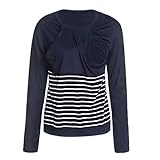 TINHAO マタニティ 授乳服 トップス 授乳口付き Tシャツ 縞柄 長袖 春秋 産前産後 ネイビー/XL