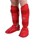 空手テコンドー新プロテクターインステップパドックシャンクレッグフットガードアジャスタブルストラッププロテクションギア（ペア） - ブルー、レッド(L-赤)