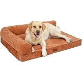 EMME 耐噛みL型犬用ベッド防水防傷ペットベッド 洗える シェニール生地柔らか ペットソファー 小型犬 中型犬対応 犬 ソファーベッド耐久性 高反発 抗菌防臭 ペットクッションあごのせペット用ベッド 猫 犬 室内用 寝床 高齢犬 子犬 介護用 ふわふわ枕付き滑り止め取り外せるカバー 64x49x14cm キャラメルブラウン Mサイズ