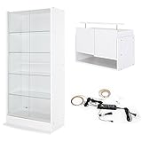 【福袋】【地球家具】フィギュアラック「ワイド」新シリーズセット 幅83cm 奥行39cm 【正規品】[鍵付きコレクションケース] [耐震]（引き戸 ハイタイプ本体+上置きロータイプ+LED） ホワイト