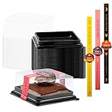 50個 3.5インチ ミニケーキボックス クリアプラスチックミニカップケーキボックス マフィンボックス クッキードームボックス ムーンケーキボックス 小さなシングルマフィンデザートコンテナホルダー 結婚式 誕生日ギフトボックス - ボーナスステッカー50枚(ブラック)