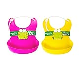 （SHINA)2点セット　赤ちゃん お食事 エプロン シリコンエプロン　ポケット付き　防水　耐用　洗濯しやすい (黄色+バラ色)