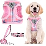 PUPTECK 犬 ハーネス リード セット 犬用 胴輪 ソフト マジックテープ付き 反射素材付き ペット用品 はーねす 引っ張り防止 抜けない 喉に優しい 調節可能 着脱簡単 軽量 メッシュ 快適 通気 手洗い 耐久性 安全 散歩 しつけ 訓練 老犬介護 人気 可愛い おしゃれ 超小型犬 小型犬 中型犬 大型犬（ピンク チェック、XSサイズ）