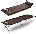 FIELDOOR アウトドアコット 耐荷重180kg 190×69×40cm 【ダークブラウン】 ＆ 枕つき車中泊マット［5cm厚/Sサイズ］【ブラウン】 約190x60x5cm エアマット付 アルミ キャンプベッド ベンチ 折りたたみ式