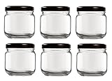(Black- 6 Jars) - Nakpunar 6 pcs, 200ml Square Glass Jars with Black Lids - Rounded Edge - Made in I