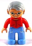 LEGO DUPLO – Minifigおばあちゃん – Very Rare – メス、Mブルー脚、レッドセーター、非常にライトグレー髪、青い目、メガネ