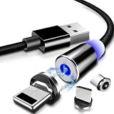 マグネット充電ケーブル 360度自動接続 急速充電 LEDランプ付き USB 充電ケーブル マグネット充電ケーブル 高耐久 最大2.4A 非データ転送 強化 ナイロン メッシュ編み 磁石 脱着式 多機種対応 2m（黒ー2メートル 3in1ケーブル)
