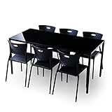 ダイニングテーブル 7点セット 6人掛け ガラステーブル スタッキングチェア ブラック