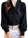 [Lalapala] シャツ レディース 長袖 シフォン リボンブラウス ボウタイ 爽やか トップス おしゃれ 大きいサイズ カジュアル オフィス 通勤 春 白 ゆったり きれいめ 着痩せ (JP, アルファベット, L, ブラック)