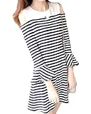 MSP オフショルダー ワンピース ドレス 長袖 ストライプ フリル オフショル 肩出し 肩見せ (L)