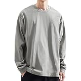 [OMKUY] 長袖tシャツ メンズ 綿100% ロングtシャツ クルーネック 無地 ロングスリーブ Tシャツ 長袖 ロンt 秋服 トップス インナーシャツ 丸首 カットソー ゆったり ティーシャツ プルオーバー カジュアル 大きいサイズ かっこいい 重ね着 部屋着 伸縮性 白 黒 グレー (JP, アルファベット, M, 標準, 袖口リブ仕様-ライトグレー)