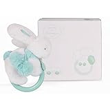 DOUDOU ET COMPAGNIE - White & Turquoise Pompon Soft Bunny With Rattle [並行輸入品]