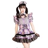[Malymoon] コスプレ ナース 看護師 メイド ウエイトレス 家政婦 チェック パープル 紫 グレー ブラック 黒 灰色 フリル 衣装 仮装 マリームーン 7点セット 10232 (パープル)