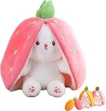 ウサギのマペットおもちゃ クッション ジッパー付きイースターバニーぬいぐるみ イースターリバーシブルストロベリーバニーぬいぐるみ ウサギ枕ぬいぐるみキッズギフト 可愛い プレゼント 柔らかい 贈り物 18cm