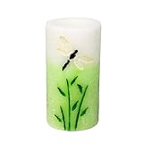 High Quality Spring Flameless LED Candle with Timer, Embossed Green Dragonfly and work with 2 C Batt