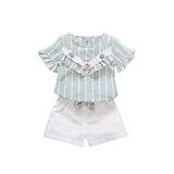 夏ベイビー服 女の子Ｔシャツ Pojour キッズ用かわいい花　パンツ 2セット 子供ギフト 綿 通気 緑（90cm）