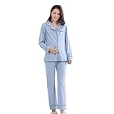 マタニティ　パジャマ　妊婦　ルームウェア　2点セット　産前　産後　授乳可能　調整可能　綿100％　柔らかい　長袖　前開き (M, ブルー)
