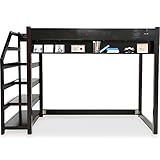 ロフトベッド コンセント 本棚 ディスプレイラック 階段付 天然木パイン材 シングル ダークブラウン